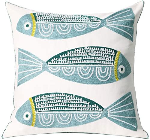 UnionKK 1 PCS Embroidered Throw Pillow Cover Cotton Decorative Square Cushion Cases for Home Sofa Bed and Chair 18 x 18 Inch (Blue Fish)