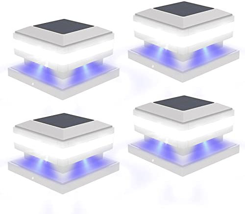 FVTLED Modern 4 Pack White Solar Post Cap Lights, 4x4 & 6x6 Wooden Posts, IP65 Waterproof, 3W 480LM, 6000K-6500K LED, Outdoor Garden Patio Decor