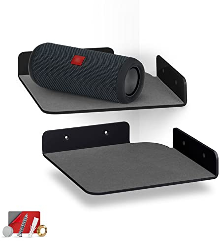 BRAINWAVZ 2-Pack 8” Corner Floating Shelf for Speakers, Books, Decor, Plants, Cameras, Photos, Kitchen, Bathroom, Routers & More Universal Small Holder Acrylic Wall Shelves (Black)