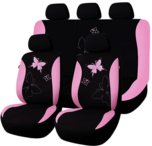 Flying Banner Butterfly car seat Covers ful Set Fashion Universal Lady Woman Female Rear Bench Split Colorized (Pink, Full Set - Lace)