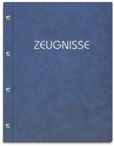Zeugnismappe im blauen Einband in Marmoroptik mit Prägedruck in verschiedenen Farben – handgefertigte Mappe inkl. 12 Sichthüllen