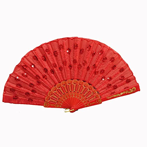 Silk Folding Spanish Style Flower Dance Party Wedding Fan, Women's Hand Held Folding Fans for Gifts, Display Fans - Red