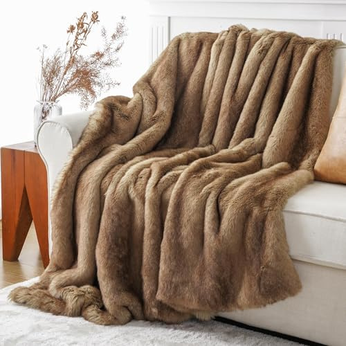 BATTILO HOME Luxury Ochre Faux Fur Throw Blanket, Soft Cozy Mink Fur Blanket for Couch, Sofa, Bed, Plush Warm Fuzzy Fall Fur Throw and Blankets for Home Decor, 50x60