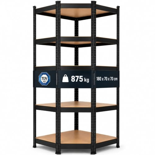 Arebos Eckregal Schwerlastregal Steckregal 875kg | Einfache Montage durch Stecksystem | 180 x 70 x 70 cm | 5 Böden aus MDF | bis zu 175 kg pro Regalboden | Schwarz