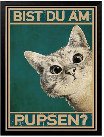 A4 Katze Bild Poster mit Rahmen Schwwarz, Bist du am Pupsen Badezimmer Bilder, Vintage Lustige Wanddekoration für Bad WC Toilette Klo Gäste-WC