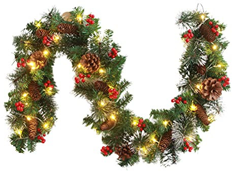 BFYDOAA Prelit Weihnachtsgirlande, Kamindekoration, Künstliche Tannenrebe, Weihnachtsgirlande mit Beeren, Tannenzapfen für Kaminsims, Tisch, Treppengeländer(1,8 Meter)
