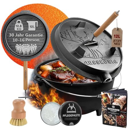 GUSSKÖNIG Dutch Oven Set - Eingebrannter Dutch Oven 12 Liter [10-16 Person]-Feuertopf Gusseisen mit Füßen-Schmortopf Doppelfunktion-2in1 Deckelheber, Bürste & DutchOven Rezeptbuch-30 Jahre Garantie