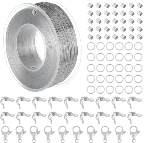 BENECREAT Filo per Perline In Acciaio Inossidabile Da 0.3 mm, Filo di Coda di Tigre Da 300 m con 200 anelli di Salto, 200 perline A Crimpare, 100 punte per Perline e 30 chiusure A Moschettone