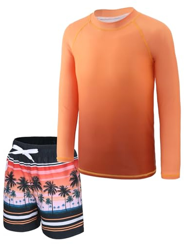 Boys Rash Guard Set for Boys 2 Piece Long Sleeve Swimsuits Set Swim Shirts with Trunks Quick Dry Bathing Suits Swim Set Orange Palm Beach Size 6/6x