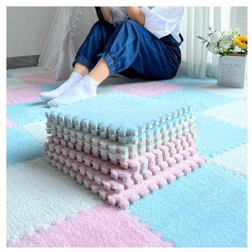 10 Stück ineinandergreifende Plüsch-Schaumstoffmatten, 30 x 30 cm große Schaumstoff-Puzzle-Spielmatten, Teppichfliesen-Bodenpolsterung für Übungen, Spielzimmer(Color:Hellblau+Rosa+Weiß)