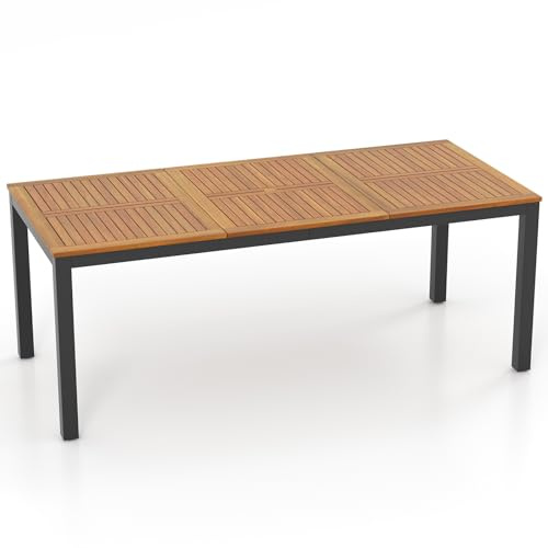 GIANTEX Gartentisch Esszimmertisch Akazienholz, Garten Esstisch für 8 Personen, Rechteckiger Küchentisch Biertisch mit Schirmloch, Massivholztisch mit Metallgestell, Terrassentisch(Vertical)