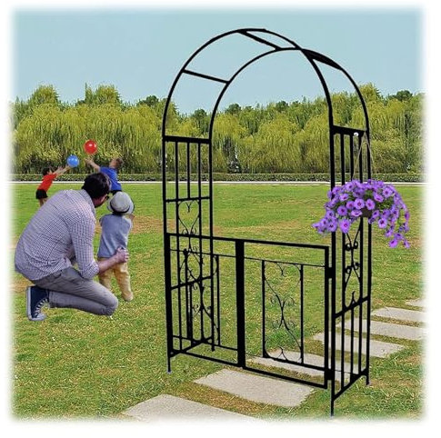 Draußen Metall Torbogen Gartenbogen Bogen Für Kletterpflanzen Hochleistungs Rosenboge Mit Tor Spalier Rankhilfe Rankgitter Rosenhilfe Aus Pulverbeschichtetem 210cm Hoch X 114cm Breit Schwarz/Weiß ( Co