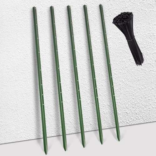 Green Garden Fence Post with Zip Ties, Heavy Duty Metal Fencing Pillars for Gardens/Farms/Shrubland/Wire Mesh, 4.26/4.9/5.57/5.9/6.5 Ft Tall (Color : Pack of 5, Size : 2m/6.5ft Tall)