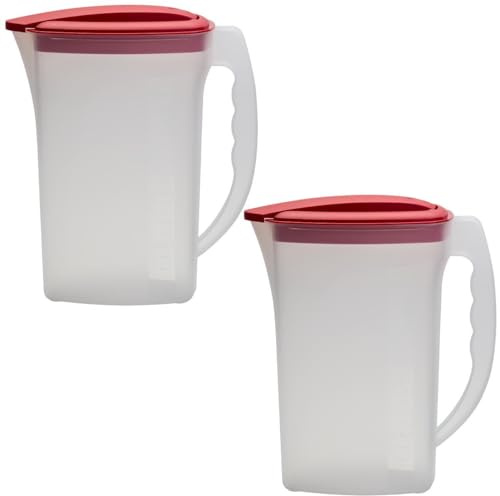 Engelland - 2 x Getränkekrug mit Deckel, Rot-Transparent, für Saft, Wasser, Eistee, Softdrinks, Kanne, Behälter, Kühlschrankkrug, Multifunktionsbox, 2 Liter, Füllskala, BPA-frei, Kunststoff