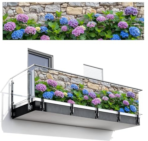 MuchoWow© Balkongeländer Sichtschutz Einseitig Groß PVC Garten Windschutz | 85x300 cm - Seitlich ohne bohren Wetterfest Zaunsichtschutz Terrasse Balkon Abdeckung Blumen - Steinoptik - Bunt