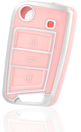 OFF WE GO Autoschlüssel Hülle Schlüssel Hülle Schlüsselhülle Cover für VW Golf 7 Polo Skoda Octavia Tiguan MK7 Jetta Seat Leon Fabia Ibiza Fabia Superb Schlüsselcover Schutz Gehäuse, Rosa Silber