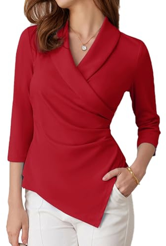 Camicette da Donna Camicetta invernale avvolgente con maniche a 3/4 Top Slim Fit Completo da lavoro Donna Elegante XXL Rosso