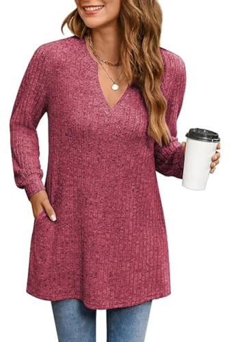 Yageshark Pull à manches longues pour femme - Col en V léger - Pull long - Élégant - Avec poche, rose, L