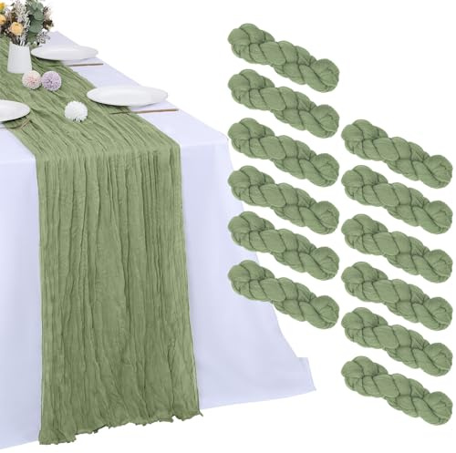 RestfulGlow Lot de 12 chemins de table en étamine, 3 m en tissu de gaze bohème rustique transparent pour printemps, vacances, mariage, fête prénatale, décoration de fête - Vert sauge, 89,9 x 304,8 cm