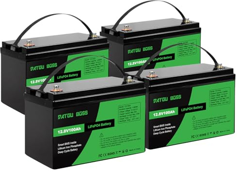 DATOUBOSS 12V 100Ah LiFePO4 Batterie, 1280Wh Lithium Akku mit Verbessertes 100A BMS, Max 15000 Tiefe Zyklen, Unterstützung in Serie/Parallelschaltung, für Wohnmobil, Solarpanel, Marine (4 Stück)