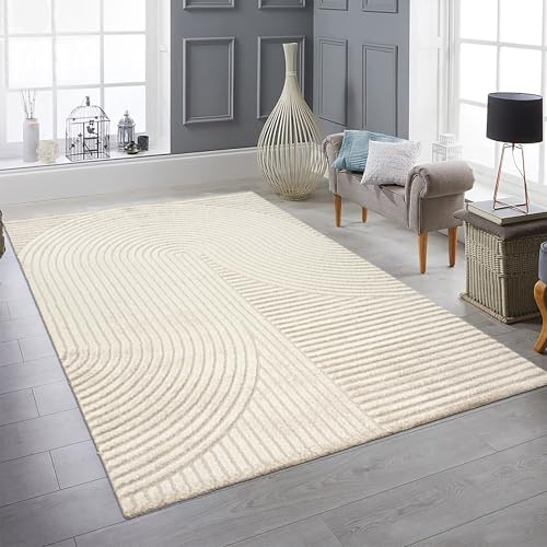 Teppich-Traum Teppich Hoch-Tief Linien- und Bogenmuster Beige 160x230 cm | Hell, wohnlich, weich, strapazierfähig, pflegeleicht, Wohnzimmer, Schlafzimmer, Gästezimmer