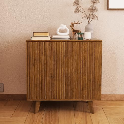 affeivul Fluted Storage Cabinet, Modern Accent Buffet Sideboard with Adjustable Shelves, Freestanding Sideboard with Double Doors, Accent Cabinet with 2 Doors for Hallway Entryway Living Room (Walnut)