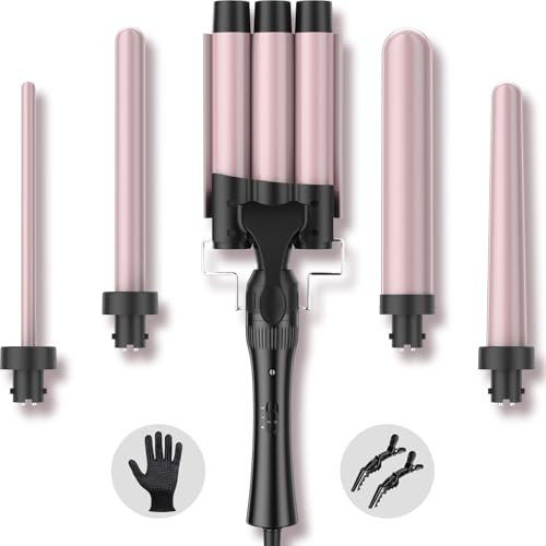 Hair Waver Curling Wand Iron Tong, Chopstick, 5 in 1 Hair Curler for Long Hair 10mm-32mm with 2 Crocodile Clips 1 Anti-Scald Silicone Gloves, PTC Ceramic Triple Barrels LCD 180°C & 210°C