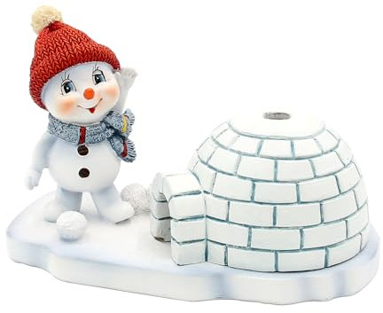 Dekohelden24 Keramik Schneemann - Deko, Winterkind, Schneemann, Räuchermännchen, Rauchfigur, Schneekind mit roter Mütze und Schal am Iglu und Räuchermann - Funktion, L/B/H 12 x 8 x 12 cm.