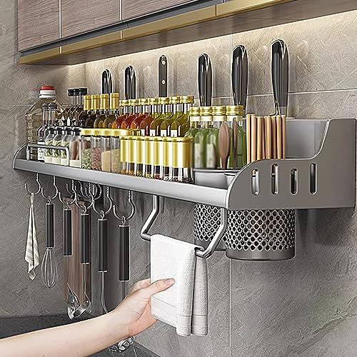 Étagère à épices murale avec porte-ustensiles et organisateur de couteaux de cuisine pour rangement et organisation pour l'intérieur de l'armoire, support d'ustensiles avec crochets
