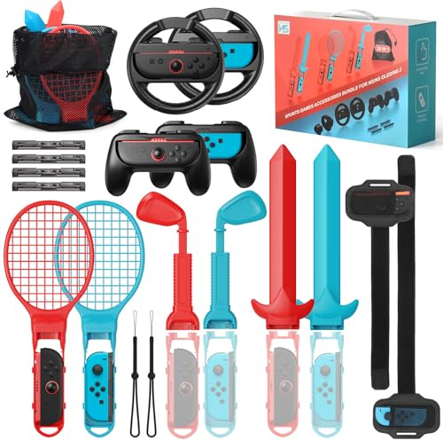 20 in 1 Switch Sports Accessories Bundle & Steering Wheels/ Joy-Con Grips Compatible with Nintendo Switch 2/ Switch/ OLED Console & Joy-Con for NS2 Mario Kart World & Switch Sports Games