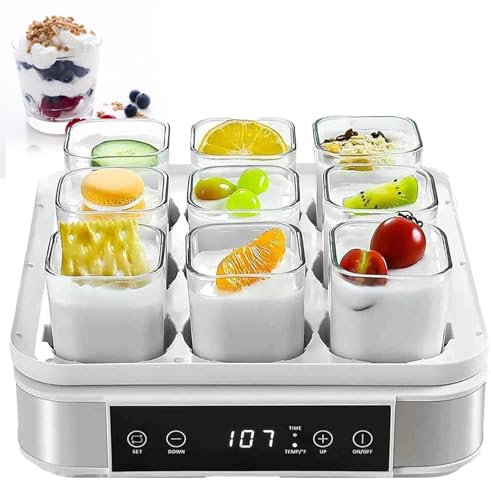 Yaourtière Automatique, Yaourtière Numérique, avec 9 Pots en Verre, avec ContrôLe de La Tempé Rature et Temps, pour Préparer des Desserts Maison Frais