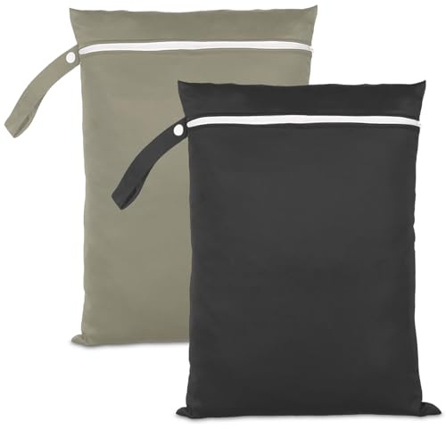 Druuzyl 2 Stück wasserdichte Nassbeutel 40x30 cm (schwarz & grün) - Wiederverwendbare Reise-Wäschesäcke mit Reißverschluss - perfekt für Schwimmbad, Strand & Babywindeln