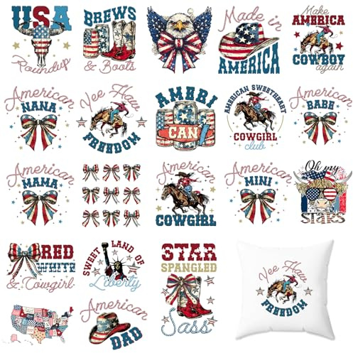 Tintnut American Flag DTF Transfers Ready to Press Vintage Iron on Transfers-20 Sheets Independence Day Iron on Decals for T-Shirts Clothing Heat Transfer Iron on Stickers for Canvas Bag Design
