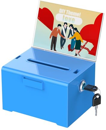 Uniclife blaue Acryl-Spendenbox mit Schloss & Schlitz, 16 x 12,7 x 10 cm | Wahlurne mit Schilderhalter, Kunststoff-Vorschlagsbox, Geldaufbewahrung für Fundraising, Abstimmungen, Tombola, Wohltätigkeit