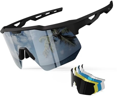 HAAYOT Sonnenbrille-Sportbrille Schnelle-Brille Polarisierte-Fahrradbrille Herren-Damen-Sportbrille, 5-auschbare-Gläser, 99%-UV-Schutz, leichte-TR90-Brille-für Radsport,Schwarz & Silber