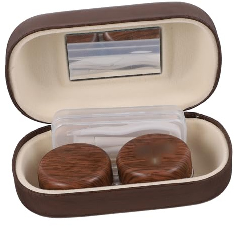 DECOMELODY Contacts Lens Case Double Holder Vintage Leather Wood Grain Design Large Diameter Leakproof Storage Box with Mirror Clamp and Sucker for Travel and Daily Lens Care
