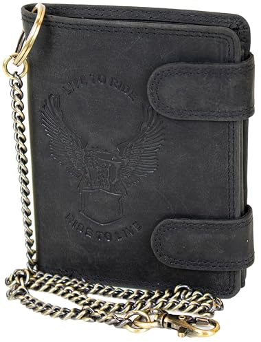 MDM Portefeuille Biker pour Homme en Cuir avec Chaîne, Porte-monnaie en Cuir Véritable au Design Vintage avec Embossage - Portefeuille Biker Vertical, Noir , 10.0 X 12.5 X 2.5 Centimeters, Motard