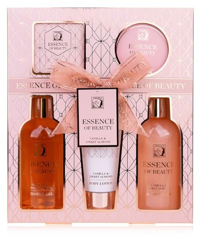 Accentra Badset SALSA ESSENCE OF BEAUTY för kvinnor, gel, skum, lotion, scrub, badsalt, vanilj- och sötmandeldoft, lyxig gåva till kvinnor