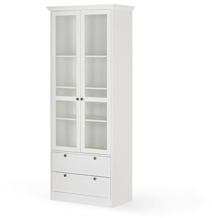 KHG Vitrine weiß 2 Drehtüren mit Glaseinsatz 2 Schubkästen 3 höhenverstellbare Einlegeböden Holzwerkstoff beschichtet Landhaus Stil