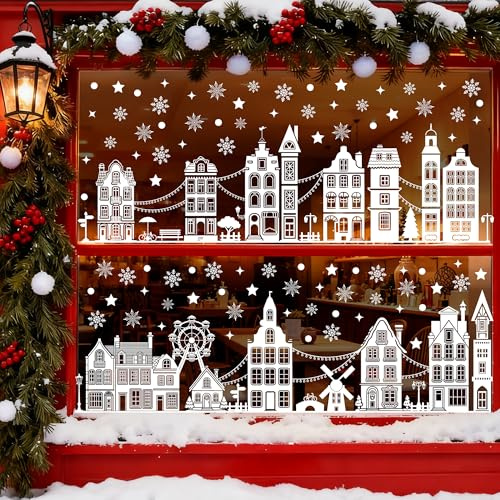 AVAKY Fensterbilder Weihnachten häuser Selbstklebend, Fensterdeko Weihnachten Weiß Weihnachts Fensterbilder Kinder, Fenstersticker Weihnachten Fensteraufkleber Winter für Weihnachtsdeko Innen Fenster