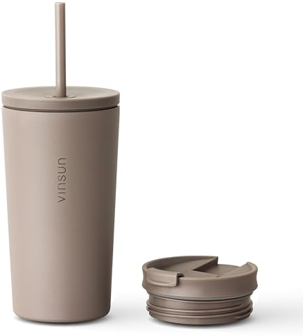 VINSUN Vaso Térmico con Pajita 480ml - Acero Inoxidable, a Prueba de Fugas