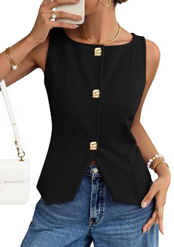 ZESICA Womens Summer Sleeveless Suit Vest 2026 Boat Neck Button Down Formal Vest Tops Casual Trendy Work Blazer Waistcoat,Black,Medium