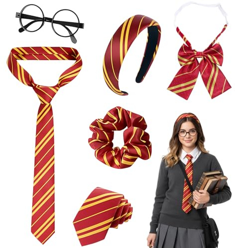 5 set Magische Kostüm Kinder Erwachsene Accessoires, Gestreifte Krawatte Haarreif Runder Brillen, Wizard Umhang Zubehör Faschingskostüm, Rot Und Gelb Haarschmuck für Karneval Party Cosplay Uniform