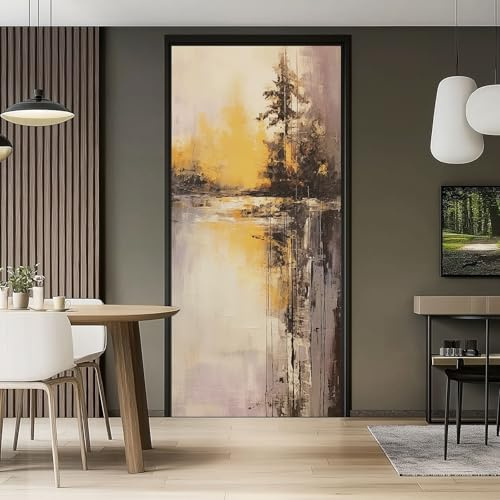 3D Türaufkleber Selbstklebend PVC 90 x 200 cm, Abnehmbar Wasserdicht Gelb Retro Natur Landschaft Ölgemälde Thema für Schlafzimmer Küche Bad Büro Dekoration Türtapete