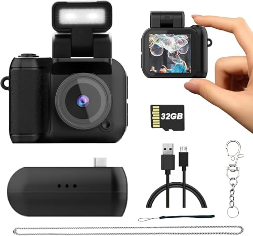 Mini Digital Camera with 32GB Card–Y2K-Style FHD 1080P Mini Retro Camera with Charging Base & Keychain Cameras Design. 1.4 LCD Screen,Vintage Cameras Ultra-Compact, Lightweight–Great Creative Gift.