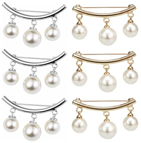 GAROZATION Lot de 6 Épingles à Poitrine en Métal Perles, Fixation pour Col et Foulard, Broche Châle Élégante Dorée et Argentée, Accessoires Femme pour Chemises et Pulls, Attache Décolleté