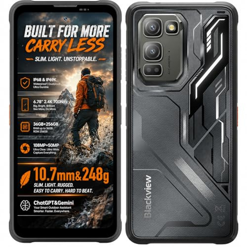 Blackview Fort 5 Smartphone Resistente Ligero, 108MP+50MP, 6,78'' FHD+ 2.4K 700 Nits, Editor de Fotos AI, 36GB+256GB, Delgado 10,7mm, Móvil Rugerizado IP68 Libre, Android 16 Dual SIM, GPS NFC Negro