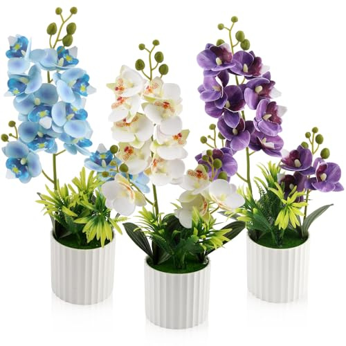 LEIMEND 3 Stück Orchideen Künstlich Kunstblumen im Topf Blau Violett Weiß | Künstliche Orchideen wie echt Künstliche Orchideen im Topf für Tischdekoration Wohnkultur Büro Hochzeitsfeier Dekoration