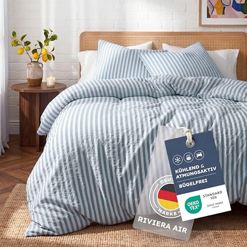 Blumtal Premium Seersucker Bettwäsche 155x220 cm + 80x80cm - Oeko-TEX zert. Baumwolle Bettwäsche 155x220 cm luftig Leichter Viskose-Baumwoll-Mix 50/50 - Sommerbettwäsche sanft & kühlend