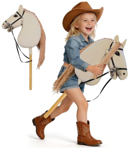 Arkyomi Plush Hobby Horse Stick Toy for Kids, 40cm Wooden Handle(Khaki) | Soft Velvet Plush, Solid Wood Stick, Realistic Bridle, For Kids 3–12, Pretend Cowboy Play, Indoor & Outdoor
